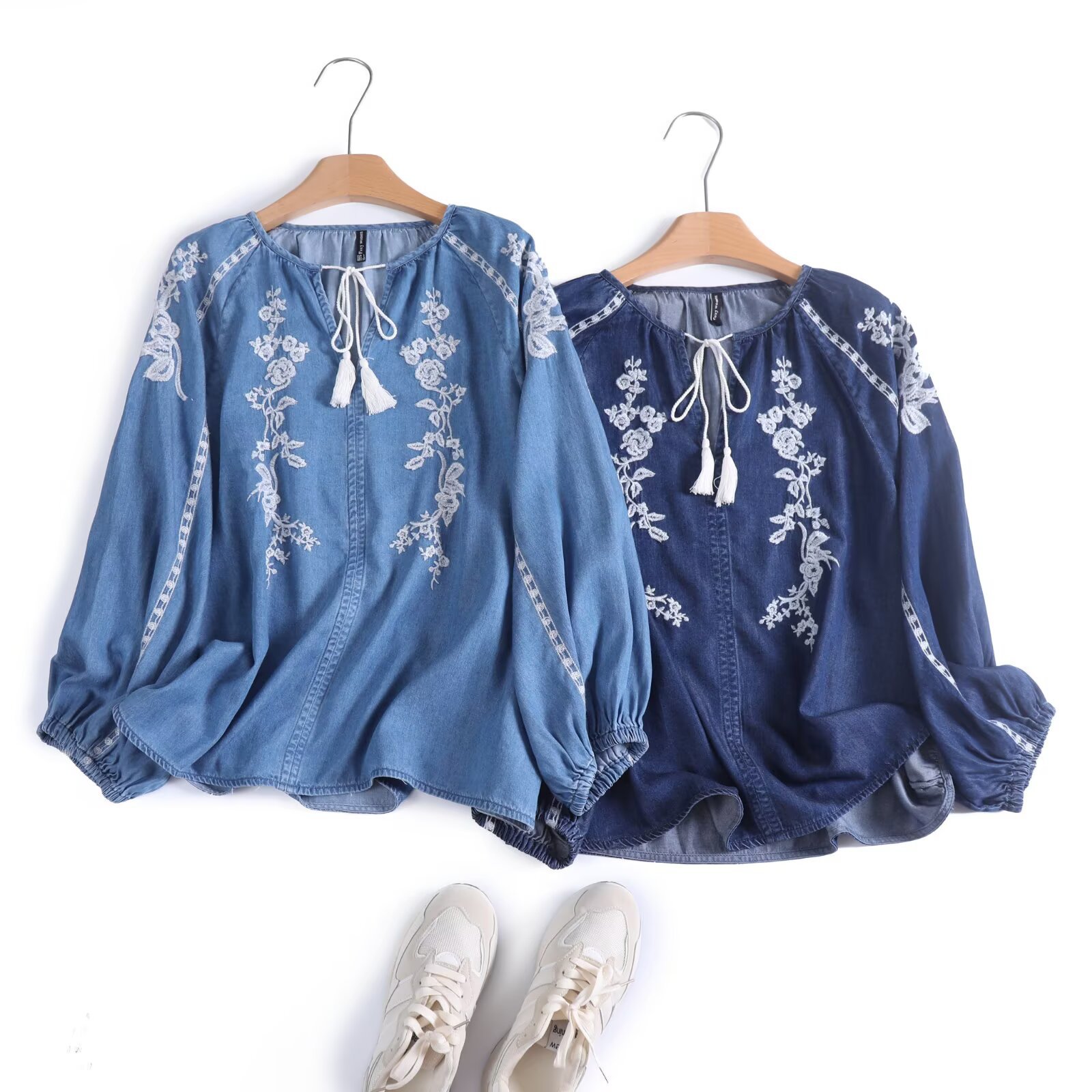 Women Denim Blouse Top Flower  - Tassel Fringe Trim ulasan dan harga