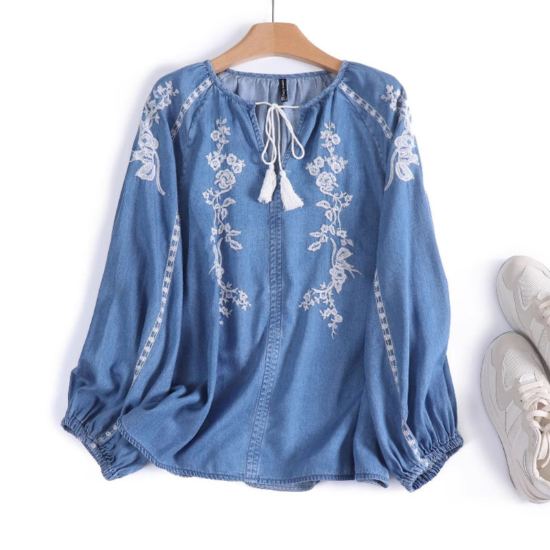 Women Denim Blouse Top Flower  - Tassel Fringe Trim ulasan dan harga